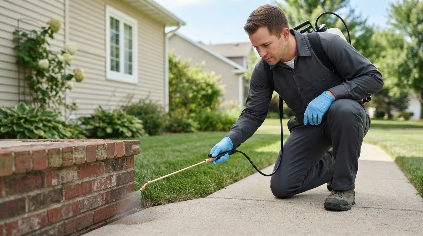 Pest control technician treating a home near Blairsburg, IA