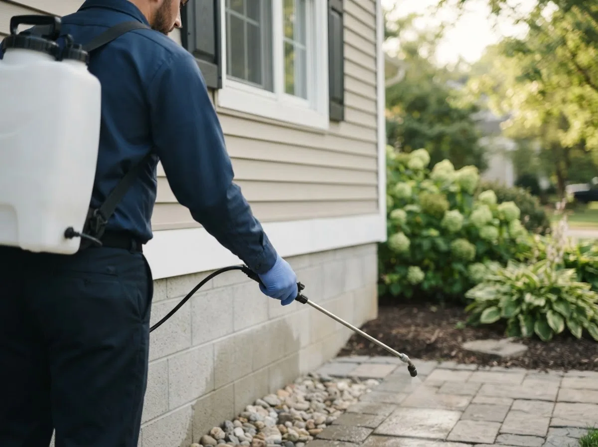 Pest control technician inspecting a home in Blairsburg, IA